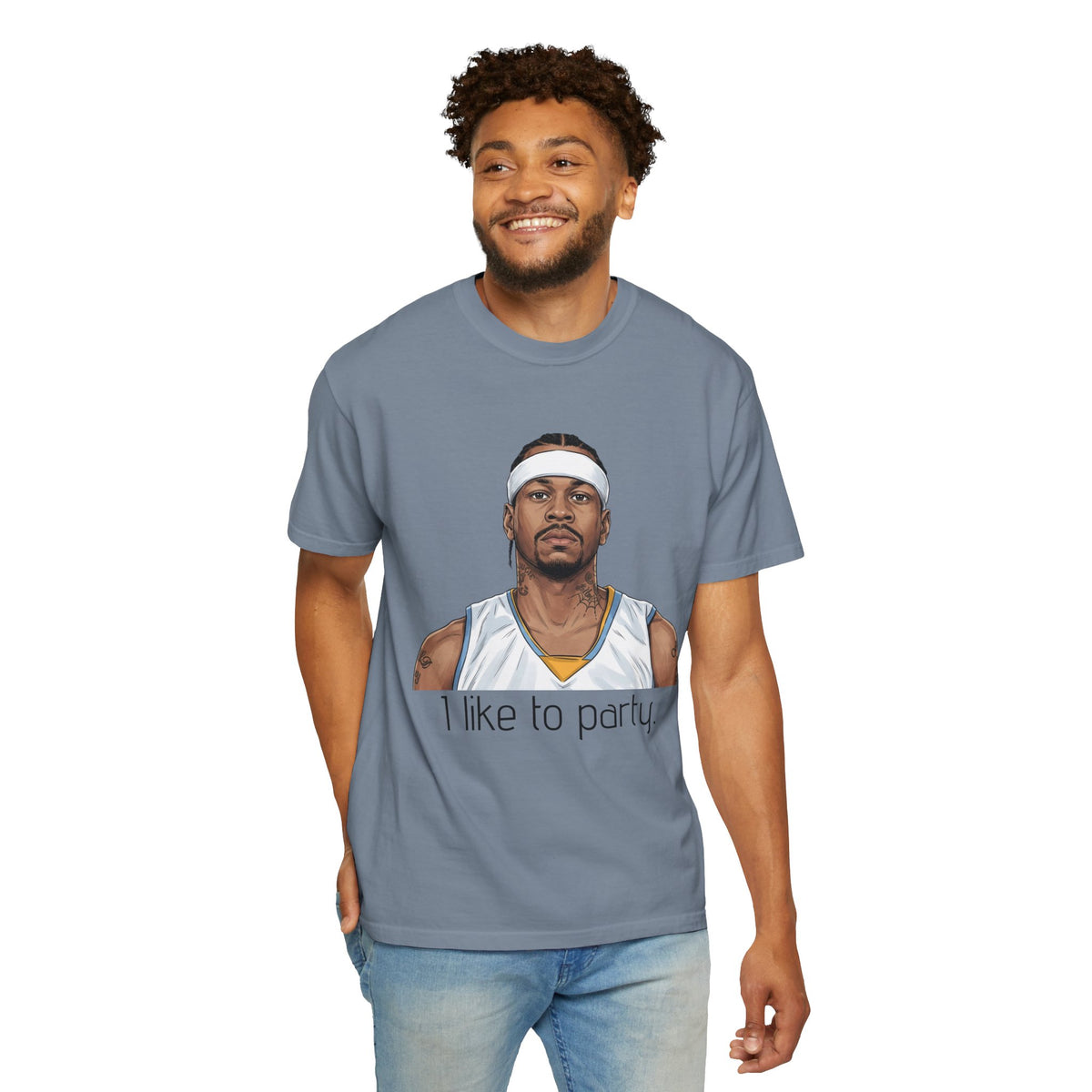 T-Shirt — AI 'I like to party.' Graphic Tee (Retro Athlete Portrait)